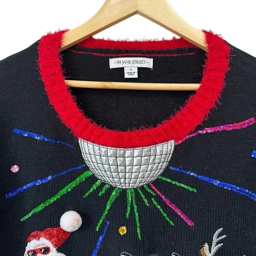 Festive Disco Ball Holiday Santa Reindeer Sweater, Oversized, Small